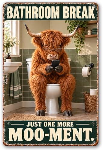 Funny Highland Cow Bathroom Decor Rustic Farmhouse Tin Sign by Vintmark