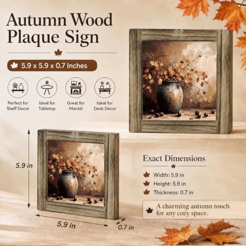 Fall Home Decor Wood Plaque Sign, Autumn Leaves Vase Art for Desk Shelf 01 - Image 2