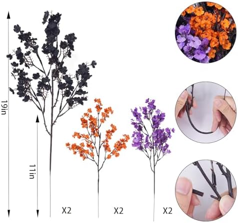 Uieke 6 Pcs Halloween Artificial Baby's Breath Flowers, Black & Purple & Orange Faux Gypsophila Flowers, Real Touch Silk Flowers for Cemetery Decor, Haunted House Party, Spooky Centerpieces - Image 2