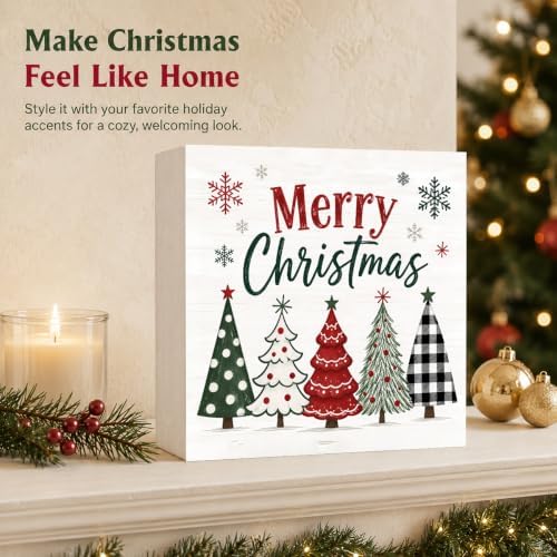 Christmas Decorations Plaid Tree Merry Christmas Wood Box Sign - Image 5