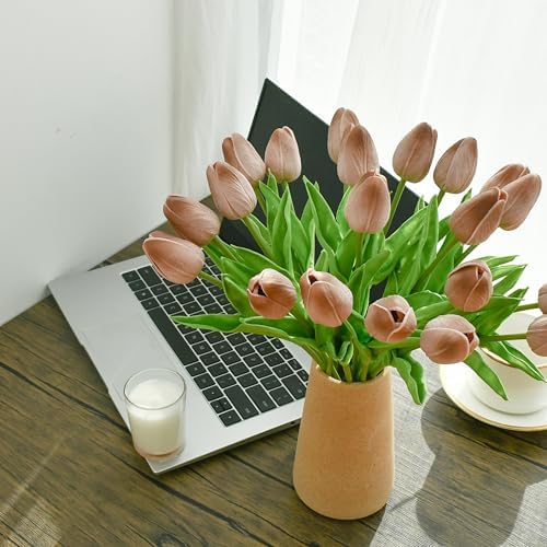 ONLY ART Artificial Brown Tulips 20 Pcs – 13.5 Inch PU Faux Flowers with Bendable Stems for Home Décor, Wedding Centerpieces, DIY Floral Arrangements, New Year and Valentine's Day - Image 5