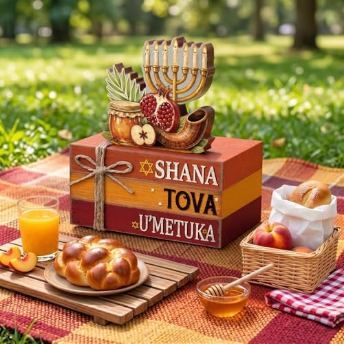Geelin 4 Pcs Rosh Hashanah Tiered Tray Decor, Jewish New Year Party Decoration, Wooden Book Stack Signs Gifts, Shana Tova Apple and Honey Farmhouse Rustic Table Centerpiece for Shelf Coffee Bar - Image 6