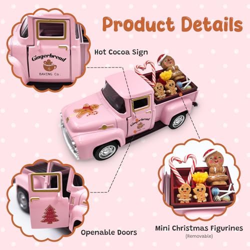 Pink Gingerbread Christmas Decor Metal Truck with Mini Candy Cookie Box - Image 3
