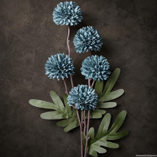 12Pcs Blue Faux Silk Mums Artificial Flowers Bulk with Eucalyptus Stems - Image 2