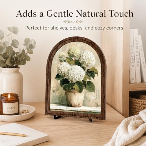 Tabletop Decor White Hydrangea Sign, Arched Wooden Frame with Stand, Flower Home Retro Decorations, Farmhouse Floral Decor, Rustic Potted Flower Art for Living Room Bedroom - Image 2