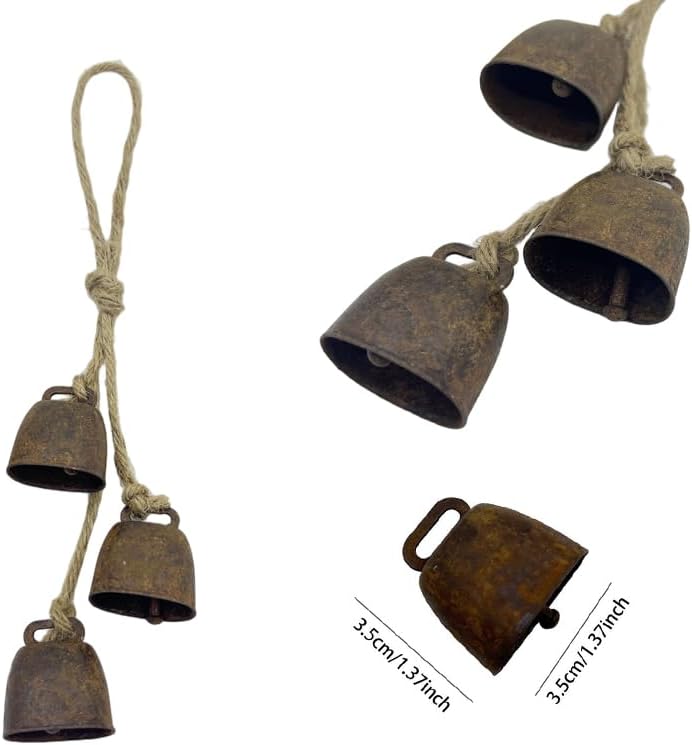 2pc Rustic Charm Bell - Handmade Hemp Rope Wind Chimes Hanging Decoration, Distressed Finish Cow Bell with Jute Hanging Rope, Perfect for Front Door, Outdoor, Window, and Home Decor - Image 4
