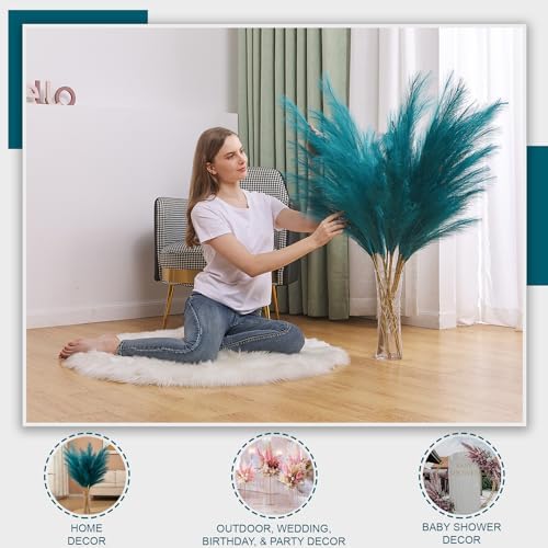 7 Pcs 45" Faux Pampas Grass – Fluffy Artificial Pompous Grass for Tall Floor Vase, Non-Shedding Home Decor, Boho Wedding Flowers, Baby Shower Centerpieces, Bedroom & Living Room Decor (Blue) - Image 3