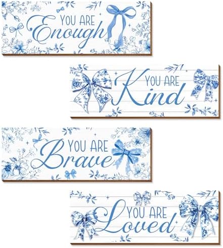 Riletese 4 Pcs Blue Flower Coquete Bow Room Decor, Teen Girls Trendy Preppy Wall Art Aesthetic for Bedroom Bathroom Decor, Inspirational Positive Affirmations by Riletese