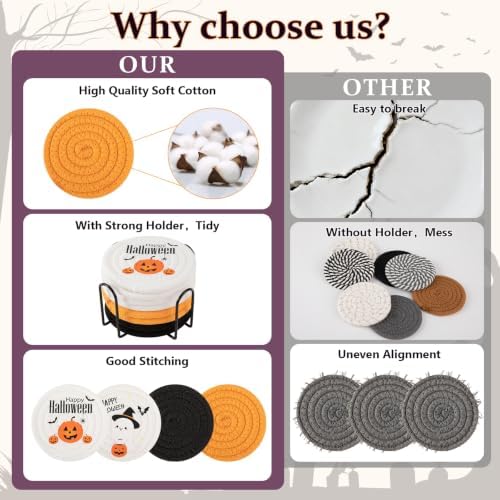OIAHOMY 8 Pcs Halloween Coasters with Holder for Beer, Coffee, Woven Cotton Coaster Set for Table Decor for Kitchen, Bar, Dining Room, Living Room, Housewarming Gifts - Halloween Mixed Color - Image 6