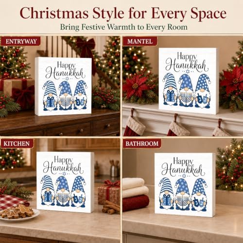 Christmas Decorations Happy Hanukkah Blue Gnome Wood Box Sign - Image 6