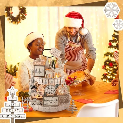 Shellwei 20 Pcs Neutral Christmas Tiered Tray Decor, Winter Farmhouse Signs - Image 6