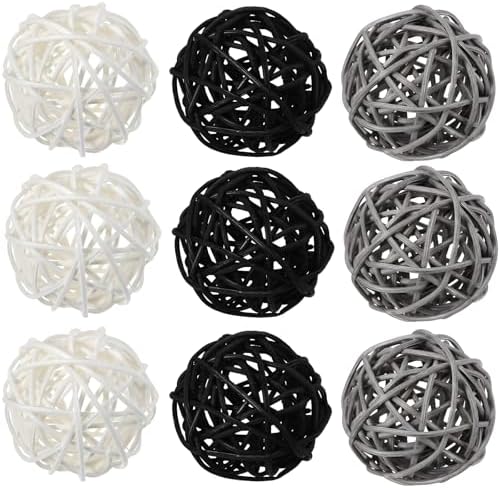 9 Pcs Rattan Decorative Balls, 3 Colors (Black, White, Gray), Handcrafted Woven Yarn Balls for Home Decor, Weddings, Parties, and Special Occasions by Unknown