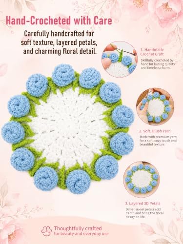 Crochet Flower Bouquet Coasters, Cotton Rose Gifts for Home Decor 2Pcs - Image 4