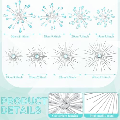 Blulu 8 Pcs Teal Blue Metal Wall Decor Cast Iron Starburst Wall Art Bling Crystal Sculptures Living Room 3D Teardrop Radial Rhinestone Hanging Diamond Accents for Home Office Bedroom Entryway - Image 3