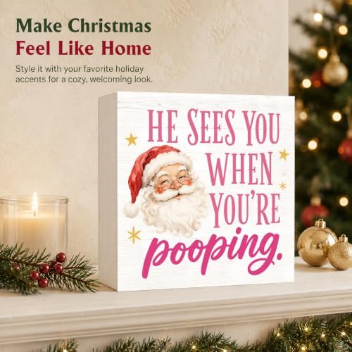 Christmas Bathroom Decor He Sees You When You're Pooping Funny Santa Sign - Image 5