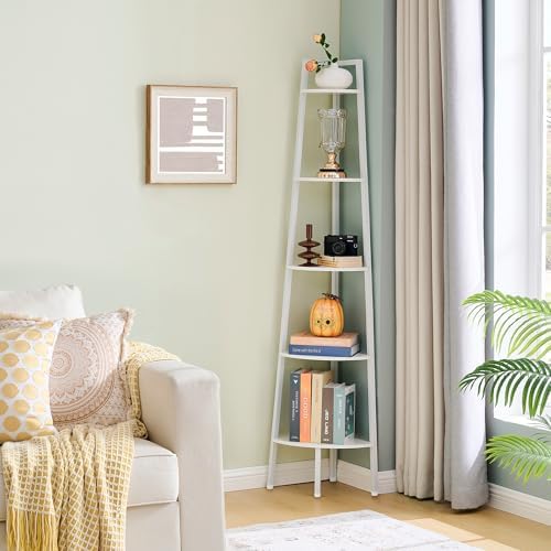 Hoctieon Corner Shelf, 5-Tier Corner Bookshelf, Rustic Ladder Shelf, Industrial Display Stand for Living Room, Kitchen, Home Office, Balcony, Small Space, Metal Frame, White - Image 4