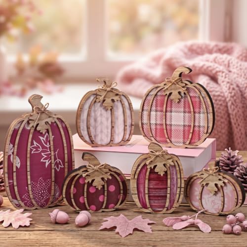 Leinuosen 6 Pcs Fall Pumpkin Decor for Home, Pink Pumpkin Tiered Tray Decor - Image 2