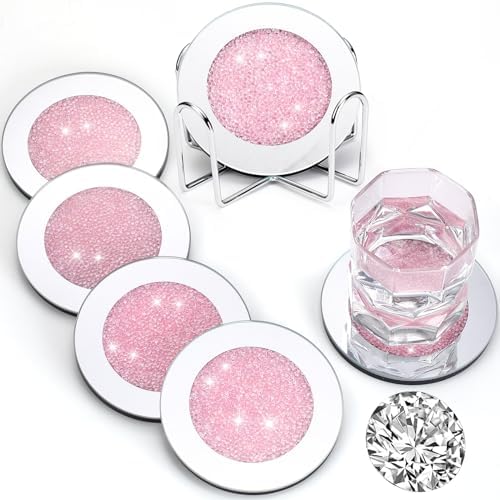 Jetec 6 Pcs Mirrored Glass Coasters with Holder, Bling, Pink, 4 Inch by Jetec