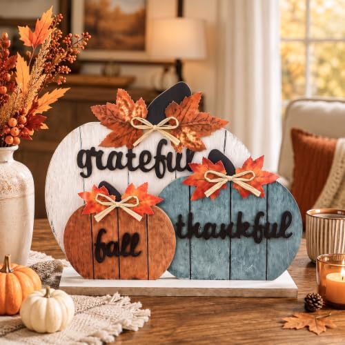 OLANRUN Fall Decor, Thanksgiving Fall Decorations for Home, 3Pcs Wooden Autumn Pumpkin Decor Sign, Farmhouse Thanksgiving Table Decorations Indoor for Office Living Room Bedroom Mantel Kitchen - Image 7