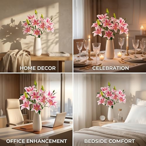 Artificial Lily Flowers with 9 Full Blooms & 3 Buds, Real Touch Long Stem Faux Tiger Lily for Home Hotel Office Wedding Party Table Centerpieces Decor(Light Pink) - Image 7