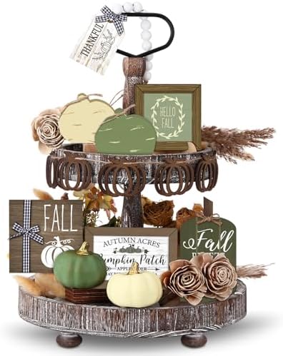 Reallnaive 18 Pcs Fall Tiered Tray Decor, Sage Green Pumpkin Signs by Reallnaive