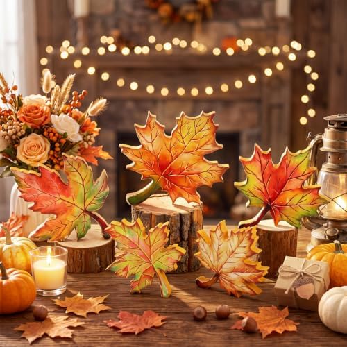 5 Pcs Fall Maple Leaf Block Signs, Wooden Thanksgiving Table Decor - Image 3