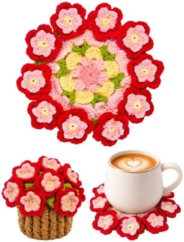 Crochet Flower Bouquet Coasters, Peach Blossom Gift for Home Decor 1Pc by KQJS