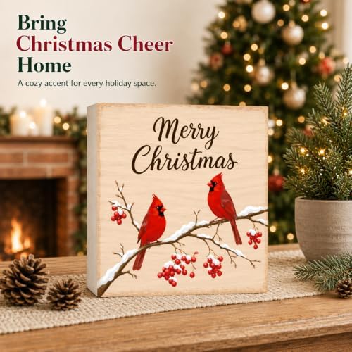 Christmas Decorations Merry Christmas Cardinal Birds Wood Box Sign - Image 2