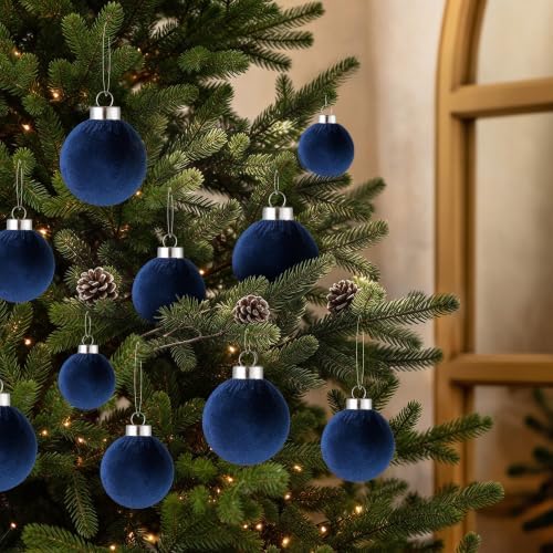 Velvet Christmas Ball Ornaments - 30pcs Flocked Christmas Ornaments Set Shatterproof Classic Hanging Xmas Tree Decorations with Rope for Wreath Holiday Home Decor (Blue) - Image 5