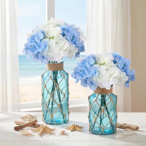 Chuangdi Set of 2 Coastal Glass Flower Vase with Boho Rope, Aqua Blue - Image 3
