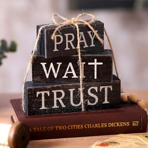 CroBlissful 4 Pcs Farmhouse Wooden Table Decor Christian Tiered Tray Decorations Rustic Religious Gift Block Sign Pray Wait Trust Table Centerpiece for Home Kitchen Living Room Shelf Mantle - Image 3