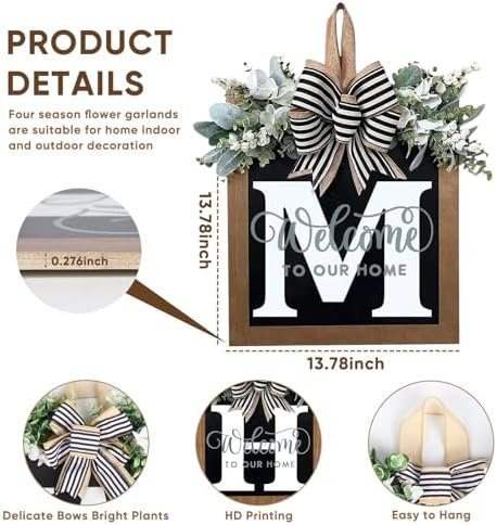 Ultra Large 14'' Last Name All Year Round Front Door Wreath with 26 Initial Letter Welcome Sign All Seasons Eucalyptus Garland and Bow Wreaths for Front Door Porch Farmhouse Decoration (M) - Image 4