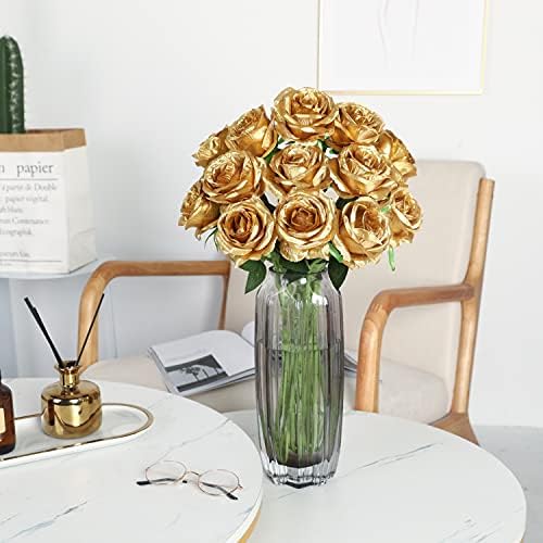 JUSTOYOU 10 PCS Artificial Roses Flowers, Realistic Blossom Roses, Real Touch Silk Rose, Single Fake Flower Long Stem Bouquets for Home Wedding Party Decoration (10Pcs, Gold) - Image 5