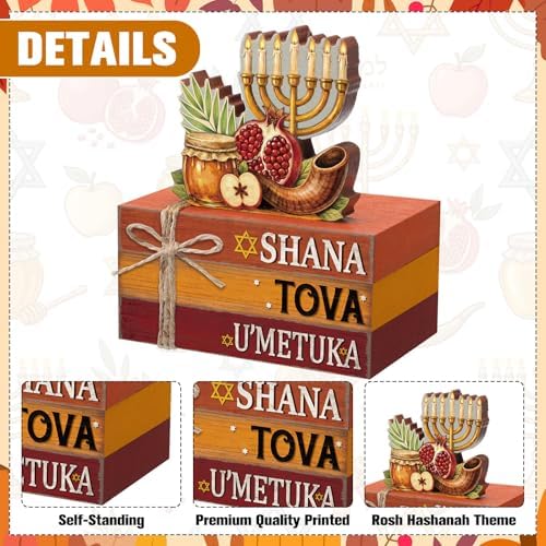 Geelin 4 Pcs Rosh Hashanah Tiered Tray Decor, Jewish New Year Party Decoration, Wooden Book Stack Signs Gifts, Shana Tova Apple and Honey Farmhouse Rustic Table Centerpiece for Shelf Coffee Bar - Image 4