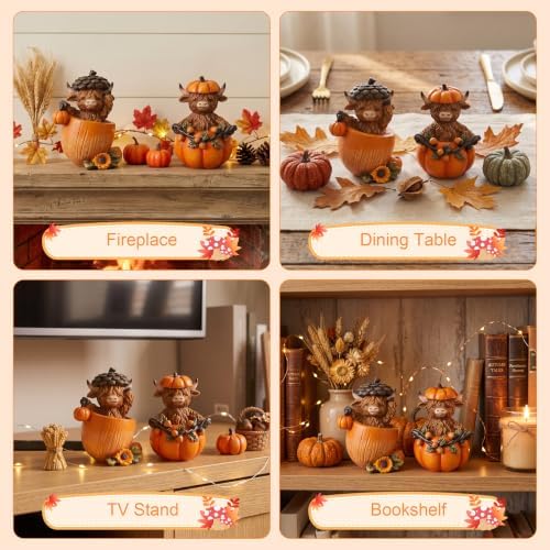 Fall Decorations for Home, Highland Cow Pumpkins Statues Cute Figurines - Image 6