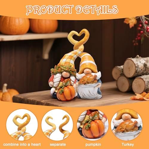 Hodao Thanksgiving Decorations for Table, Resin Fall Thanksgiving Gnome Figurines with Turkey, Pumpkin & Heart, Festive Gift for Autumn Home Decor - 2 Pcs - Image 4