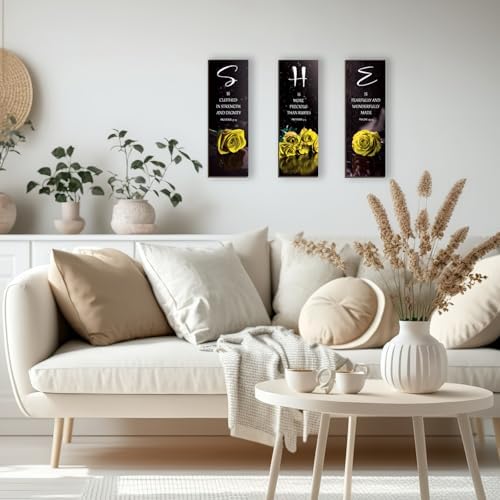 DONFENTHY 3 Pcs Yellow Bedroom Decor Yellow Rose Wooden Wall Decor Yellow Bathroom Decor Inspirational Farmhouse Office Signs With SHE Bible Words For Women Bedroom Home(12x4Inch) - Image 5