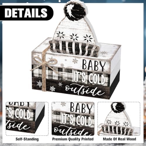 Geelin 4 Pcs Winter Cozy Table Decoration Wooden Book Stack Sign - Image 4