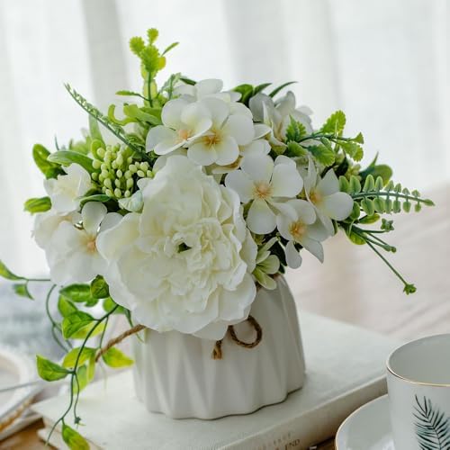 TKAS Fake Flowers Arrangement in Ceramic Vase, Artificial Faux Silk Roses & Hydrangea, Small Realistic Dried-Style Floral Dining Table Centerpiece for Wedding Party Home Decoration (White) - Image 3