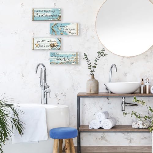 4 Pieces Ocean Wall Decor Beach Bathroom Decor With Bible Verses Wooden Christian Farmhouse Sign for Home Religious Prayer Wall Art for Living Room Office Bedroom Bathroom(Ocean,10x4") - Image 3