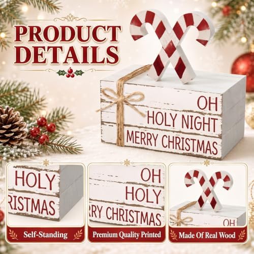 Geelin 4 Pcs Christmas Candy Cane Table Decoration Wooden Book Stack Signs - Image 4