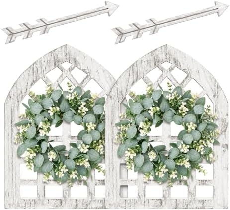 WAKOSAN Rustic Wood Window Frame Wall Decor with Wreath & Arrows Set of 2 by WAKOSAN