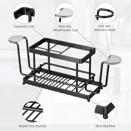 Toothbrush Holder, Wall Mount & Countertop, 2 Cup Hooks Black Metal - Image 7