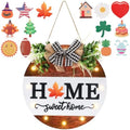 HOMCDALY Interchangeable Welcome Sign for Front Door with 14 Changeable Icons, Door Wreaths for Front Door with 12 LED Lights, Farmhouse Rustic Welcome Door Hanger Wall Sign, Porch Decorations(White) by HOME