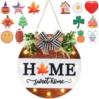 HOMCDALY Interchangeable Welcome Sign for Front Door with 14 Changeable Icons, Door Wreaths for Front Door with 12 LED Lights, Farmhouse Rustic Welcome Door Hanger Wall Sign, Porch Decorations(White) by HOME