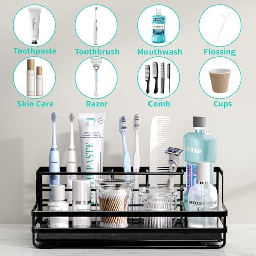 HapiRm Toothbrush Holders for Bathroom - 5 Partitions Bathroom Counter Organizer with Instant Drying Stone, Stainless Steel Countertop Storage Electric Toothbrush Toothpaste Holder - Black - Image 2