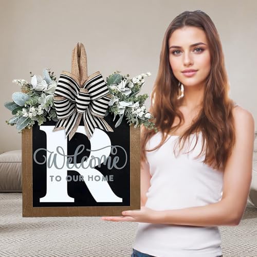Ultra Large 14'' Last Name All Year Round Front Door Wreath with 26 Initial Letter Welcome Sign All Seasons Eucalyptus Garland and Bow Wreaths for Front Door Porch Farmhouse Decoration (R) by Unknown