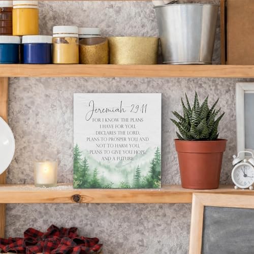 Christian Wooden Box Sign, for I Know the Plans I Have for You Jeremiah 29:11 Bible Verse Religious Wood Signs for Church Home Office Desk Table Shelf Decor, 5x5 Inch - Image 2