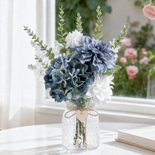 17.9" Blue Faux Flowers in Glass Vase Hydrangea Dahlias Bouquet Farmhouse by FLEURIFI