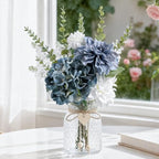 17.9" Blue Faux Flowers in Glass Vase Hydrangea Dahlias Bouquet Farmhouse by FLEURIFI